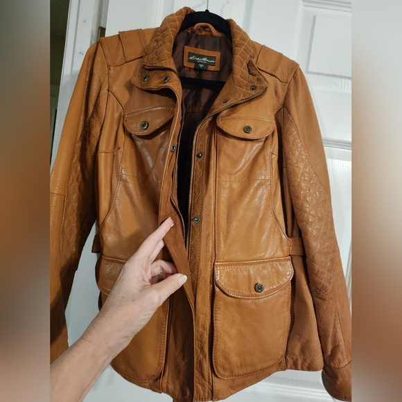 Eddie Bauer Cognac Camel Quilted Leather Jacket M Vintage Genuine Leather - Picture 12 of 13